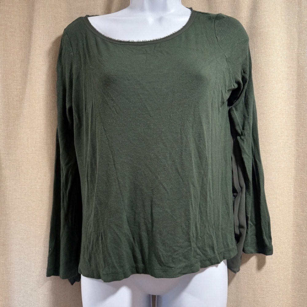 Anthropologie Bordeaux Olive Green Ribbed Top Chiffon Pleated Back XS‎
